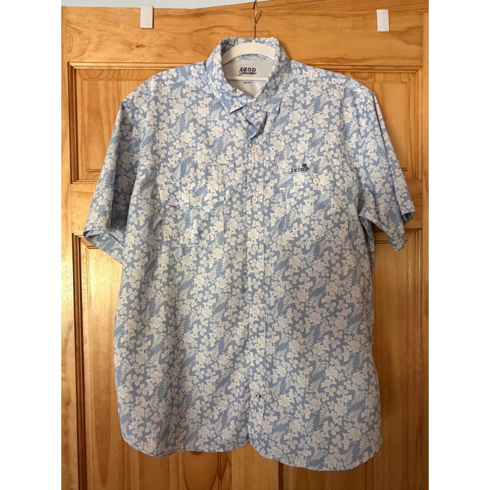 IZOD Saltwater Boys Large Blue Floral Hibiscus Short Sleeve Button Down Shirt